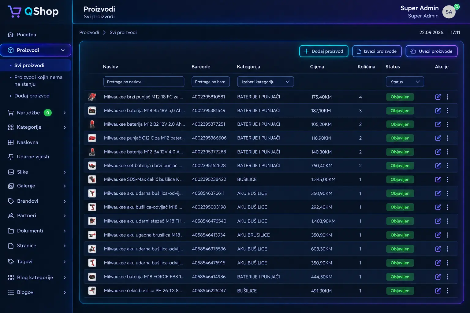 QShop CMS product, category, price, and inventory management