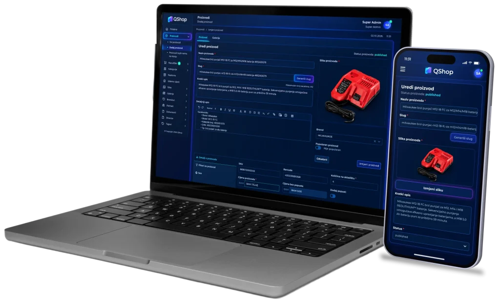 QShop Produktverwaltung auf einem Laptop und einem Smartphone