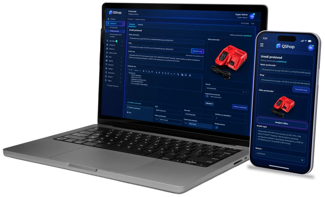 QShop Produktverwaltung auf einem Laptop und einem Smartphone