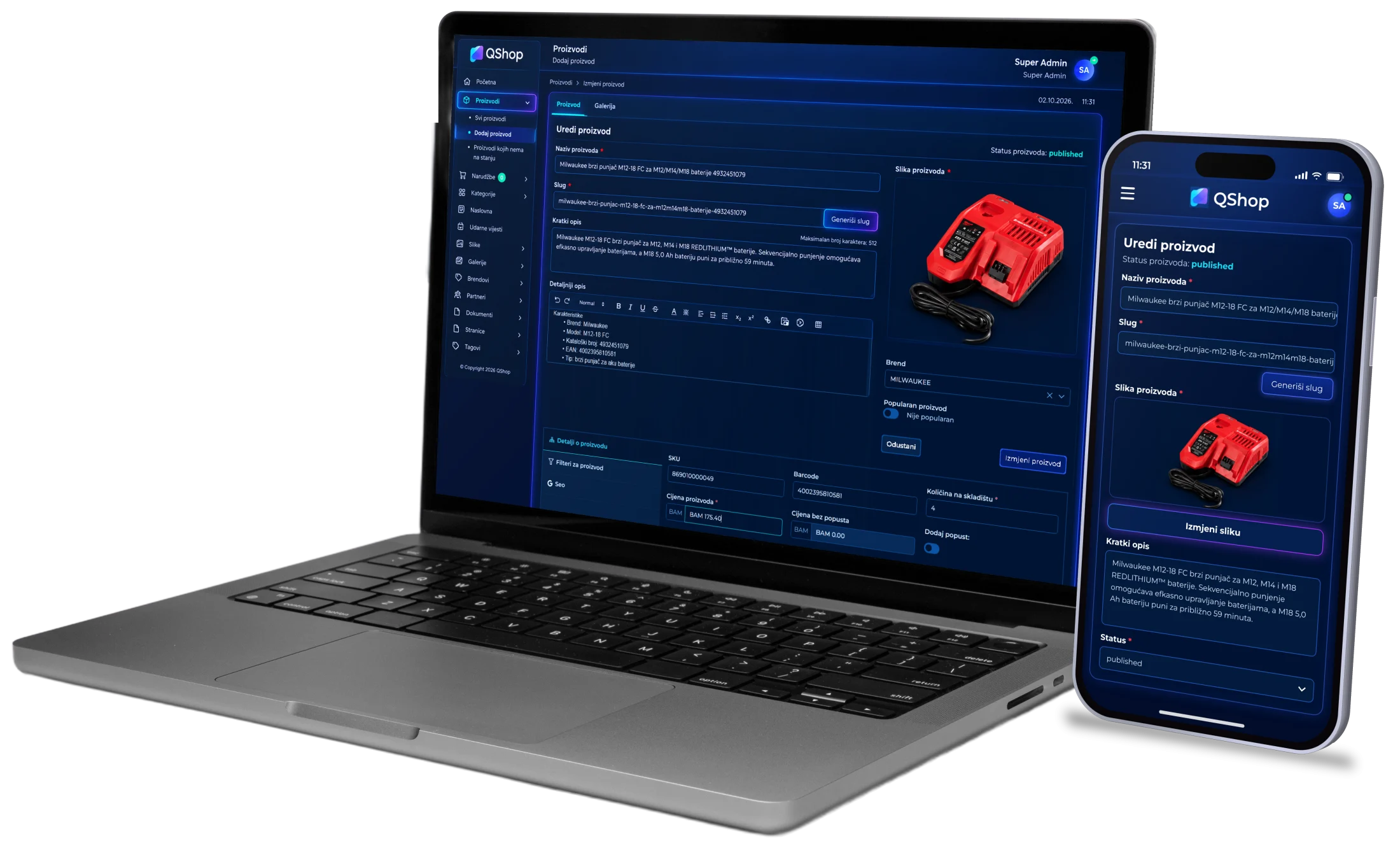 QShop product management interface displayed on a laptop and mobile phone