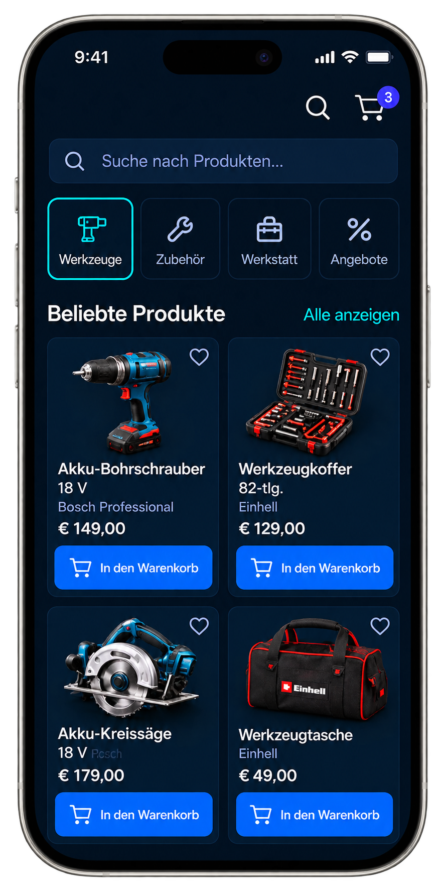 QShop Shopping-App mit Produktkategorien und Werkzeugen auf einem Smartphone